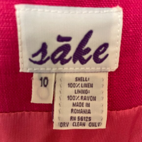 SAKE 100% LINEN BUTTON FRONT SLEEVELESS SHEATH DRESS, FUSHIA, SIZE 10 - Picture 6 of 7